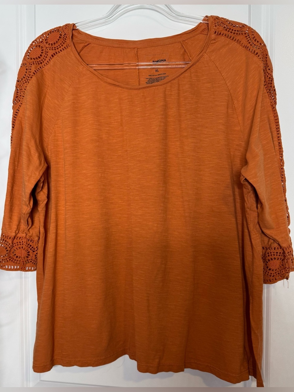 Sonoma Women's Burnt Orange Crochet-Trim Long Sleeve Tee size xl 100% cotton